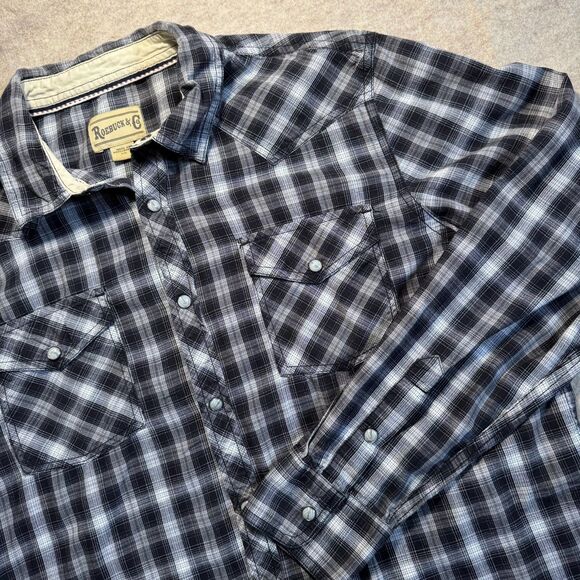 Roebuck & Co Black Gray Plaid Western Pearl Snap Shirt Mens L Cowboy Retro Ranch - Picture 1 of 10